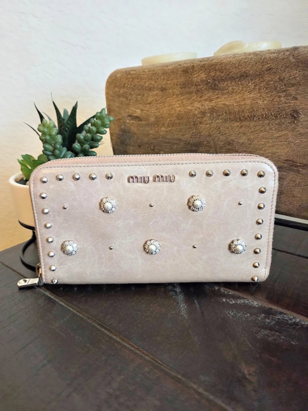 Miu Miu Madras Studded Zip Around